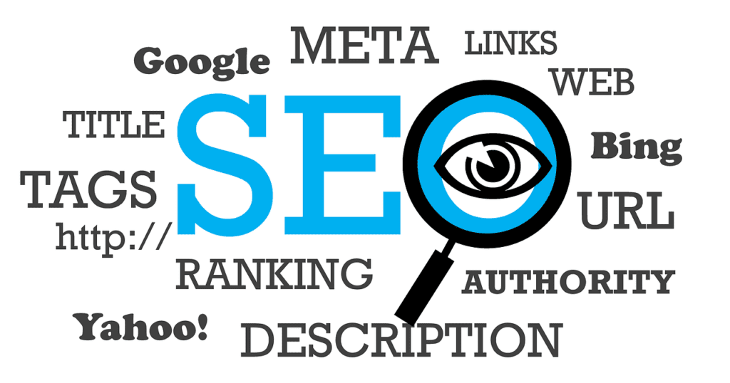 Illustration showing SEO details like rankings, analytics, and optimization strategies.